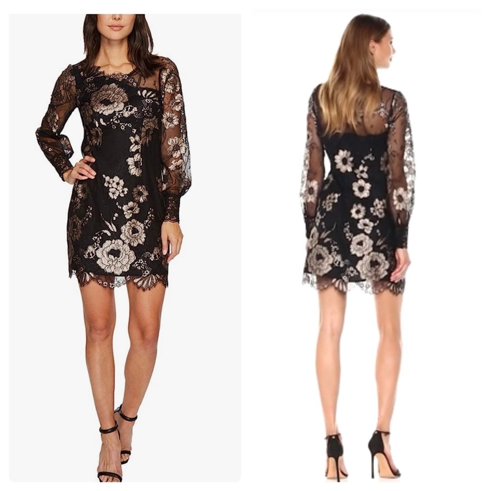 Nanette Lepore Joie De Vivre Gold Petal Lace Black Dress Size 2 NWT.